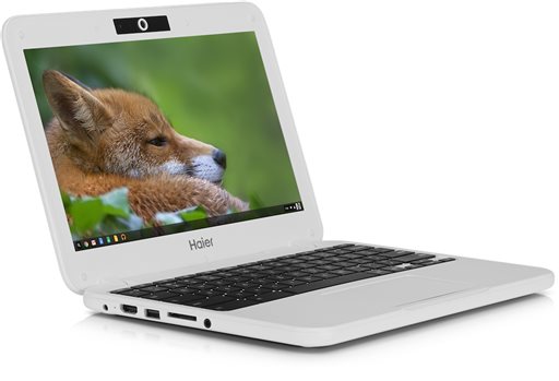 This product image provided by Google shows the Haier Chromebook 11, a $149 laptop running on Google's Chrome operating system. Google is releasing two $149 laptops in an effort to undercut Microsoft’s Windows franchise and drive down already falling personal computer prices. AP