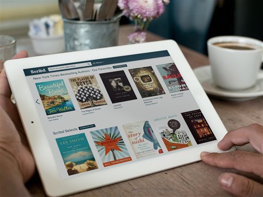 This product image provided by Scribd shows the Scribd e-book app. Scribd and Oyster let you read as many books as you want for a monthly price—$9 for Scribd and $10 for Oyster. AP