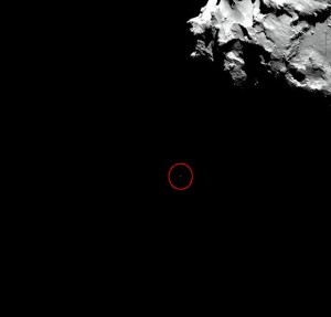 Rosetta's OSIRIS wide-angle camera image released by the European Space Agency ESA on Thursday Nov. 13, 2014 shows the position of Rosetta’s lander Philae Wednesday, before it landed on the surface of Comet 67P/Churyumov-Gerasimenko. Source digitally added a circle to mark the landers location.  AP