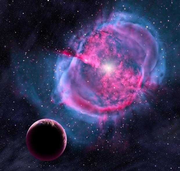 This artist’s conception provided by the Harvard-Smithsonian Center for Astrophysics depicts an Earth-like planet orbiting an evolved star that has formed a stunning “planetary nebula.” Earlier in its life, this planet may have been like one of the eight newly discovered worlds orbiting in the habitable zones of their stars. (AP Photo/Harvard-Smithsonian Center for Astrophysics, David A. Aguilar)