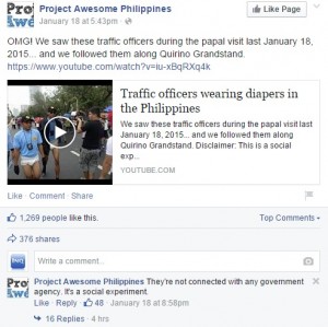 A screengrab of Project Awesome's Facebook post promoting the social media experiment on diaper-wearing "cops."