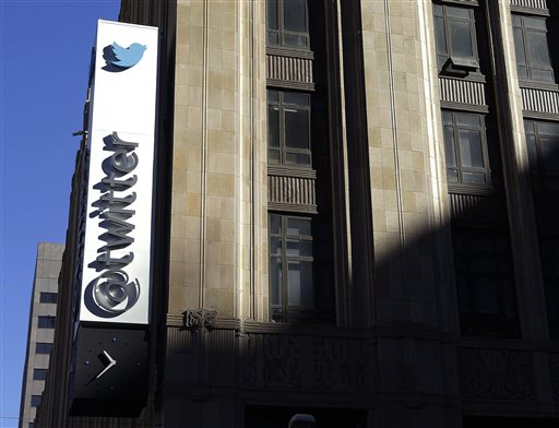 This Nov. 4, 2013 file photo shows the sign outside of Twitter headquarters in San Francisco. Twitter reports quarterly financial results on Thursday, Feb. 5, 2015. AP