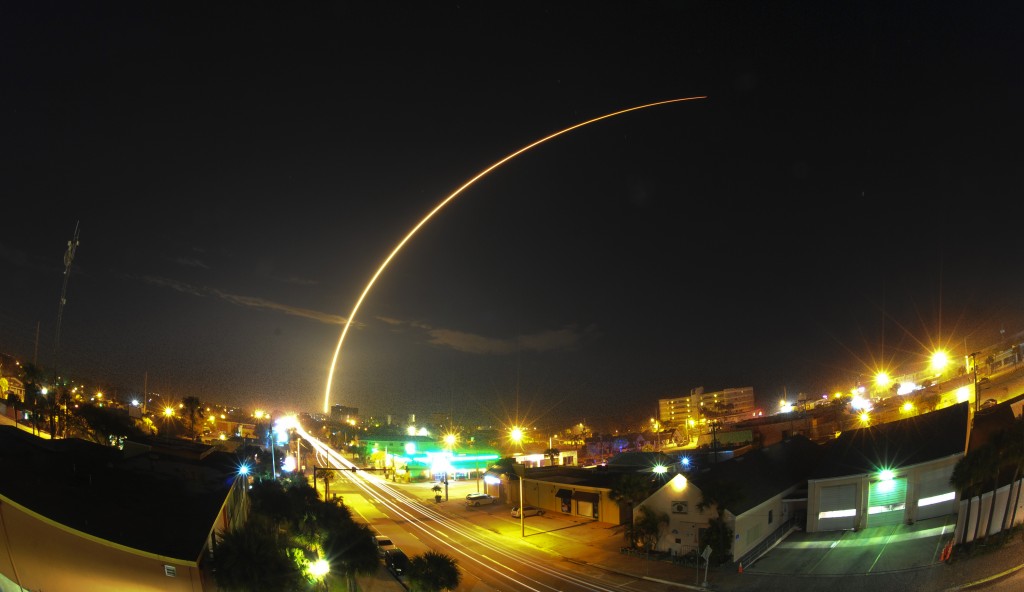 SpaceX Falcon9 rocket carrying two commercial communications satellites launched from Cape Canaveral Air Force Station Launch Complex 41, as seen over the skyline of downtown Cocoa Beach on March 1. AP
