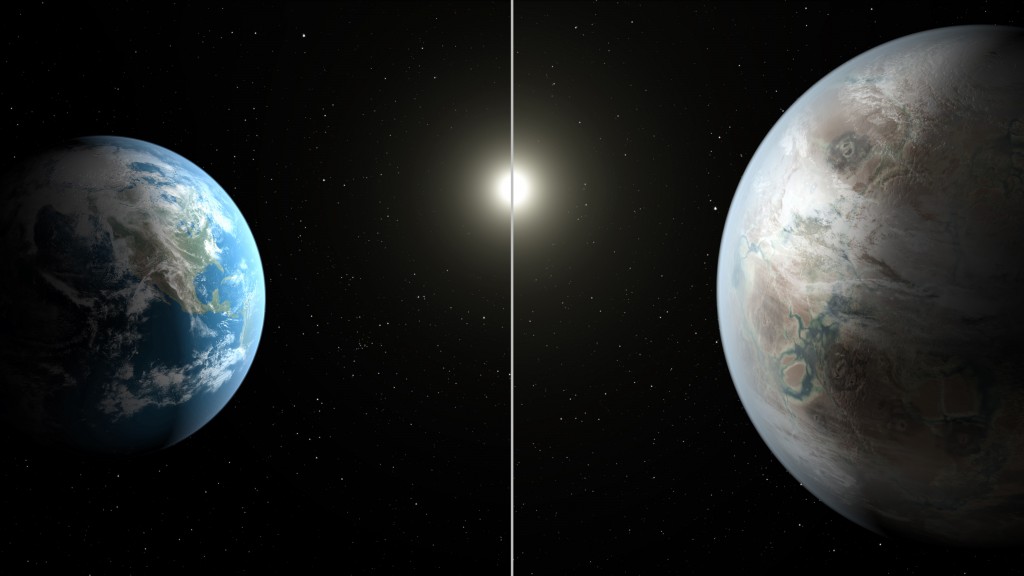 This artist's rendering made available by NASA on Thursday, July 23, 2015 shows a comparison between the Earth, left, and the planet Kepler-452b. It is the first near-Earth-size planet orbiting in the habitable zone of a sun-like star, found using data from NASA's Kepler mission. The illustration represents one possible appearance for the exoplanet - scientists do not know whether the it has oceans and continents like Earth. (NASA/Ames/JPL-Caltech/T. Pyle via AP)