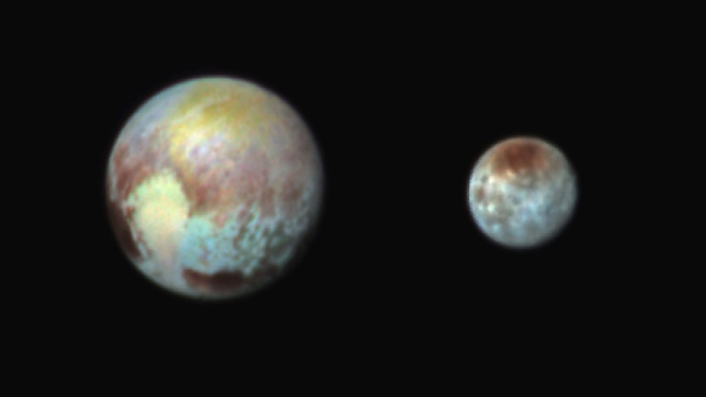 This Monday, July 13, 2015 combination image released by NASA shows Pluto, left, and its moon, Charon, with differences in surface material and features depicted in exaggerated colors made by using different filters on a camera aboard the New Horizons spacecraft. In this composite false-color image, the apparent distance between the two bodies has also been reduced. (NASA/APL/SwRI via AP)