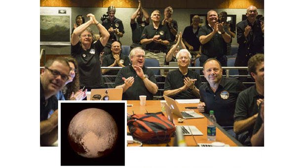 FLAG-WAVING celebration sweeps over the mission operations center at Johns Hopkins University Applied Physics Laboratory in Laurel,Maryland, upon seeing the spacecraft’s sharpest image of Pluto before its closest approach on July 14. An image (inset) provided by Nasa shows Pluto from theNew Horizons spacecraft. PHOTOS FROM AP/NASA
