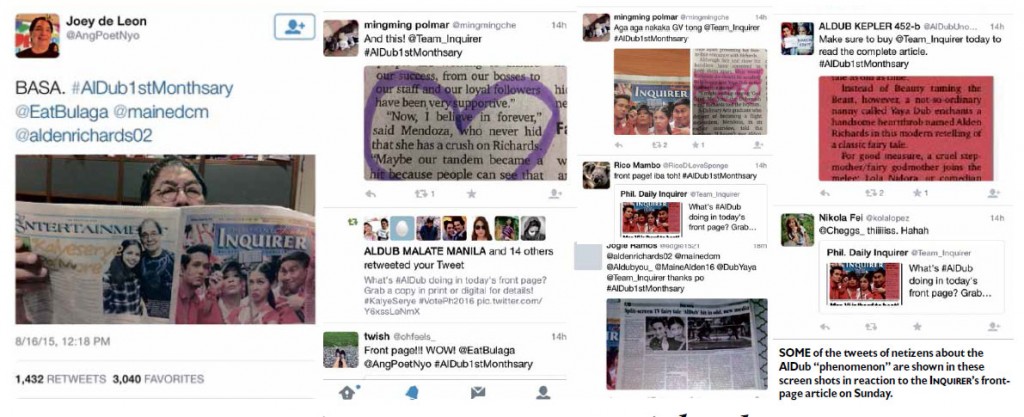 SOME of the tweets of netizens about the AlDub “phenomenon” are shown in these screen shots in reaction to the INQUIRER’s frontpage article on Sunday.