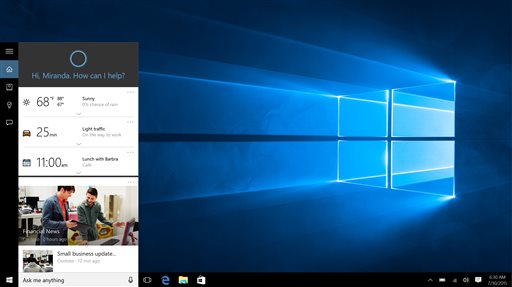This screen shot provided by Microsoft shows Cortana, Microsoft’s voice-activated digital assistant, left, in Windows 10. Microsoft's new Windows 10 system offers more personalization than before, but it also collects more data than people might be used to on PCs, from contacts and appointments to their physical location and even Wi-Fi passwords. (Microsoft via AP)