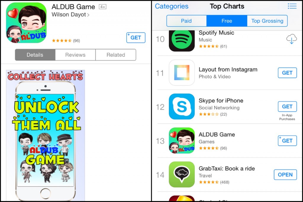 The "AlDub" mobile game is inspired by the phenomenal "Eat Bulaga" duo of Alden Richards and Maine "Yaya Dub" Mendoza. The game is currently at No. 13 on Apple App Store's top charts for the Philippines.