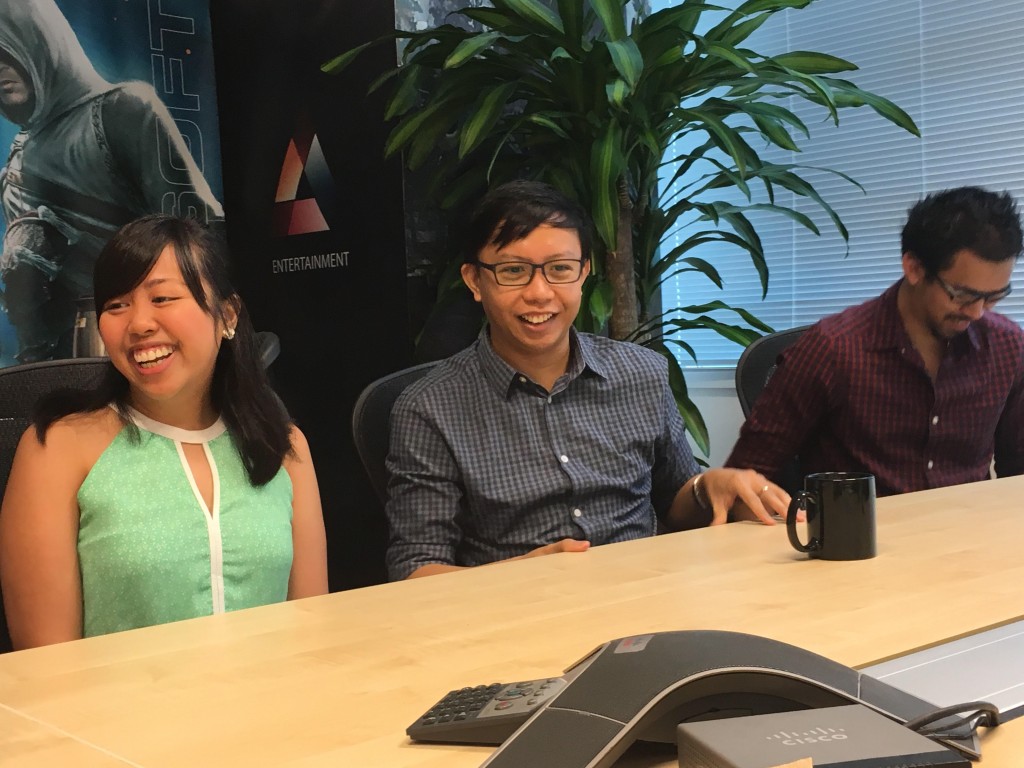 From left: Ubisoft Singapore build engineer Estrella Briones, programmer Eugene Jarder, and QA lead Nino Verdad.