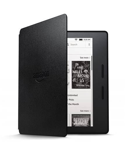 This photo provided by Amazon shows Amazon's latest Kindle. Amazon says the new Kindle is 30 percent thinner and 20 percent lighter than previous Kindles. It’s also asymmetrical, with a grip on one side for one-handed reading.(Amazon via AP)
