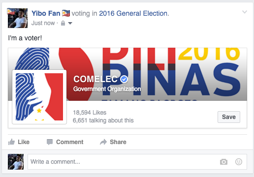 Clicking the "I'm a Voter" button will give Facebook users this status update.
