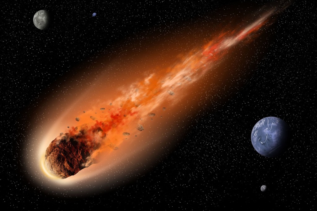 5612237 - asteroid with tail of fire flying between planets in space