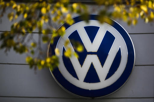 In this Oct. 5, 2015, file photo, the VW sign of Germany's Volkswagen car company is displayed at the building of a company's retailer in Berlin. AP