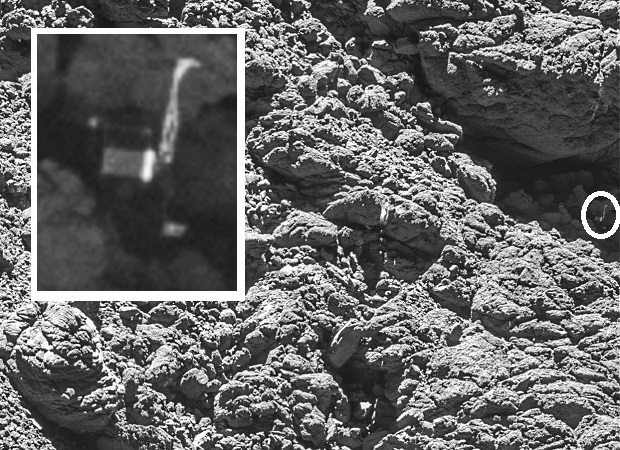 The photo released by European Space Agency ESA on Monday, Sept. 5, 2016 shows a photo of the comet lander Philae in a crack on the right side of a photo taken by Rosetta's OSIRIS narrow-angle camera on Sept. 2, 2016 from a distance of 2.7 km of the Comet 67P/Churyumov–Gerasimenko. Philae was last seen when it first touched down at Agilkia, bounced and then flew for another two hours before ending up at a location later named Abydos, on the comet’s smaller lobe. (ESA/Rosetta/MPS for OSIRIS via AP)