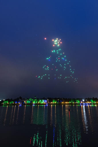 This undated photo provided by Walt Disney Company shows remarkable new technology as hundreds of lighted show drones take to the nighttime sky in "Starbright Holidays - An Intel Collaboration," at Walt Disney World's Disney Springs in Orlando, Florida. AP