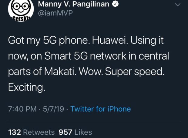 LOOK: Manny Pangilinan tweets he is now using a 5G Huawei phone, but netizens spot he is actually using an iPhone