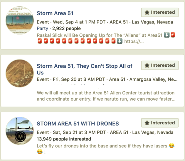 storm area 51 Screen shot of Facebook prank events of "storming Area 51. 