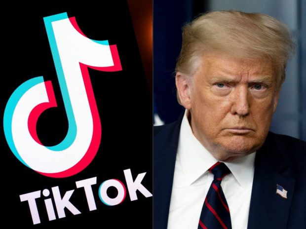 (COMBO) This combination of pictures created on August 01, 2020 shows the logo of the social media video sharing app Tiktok displayed on a tablet screen in Paris, and US President Donald Trump at the White House in Washington, DC, on July 30, 2020. - ByteDance, the Chinese parent company of wildly popular TikTok, has offered to sell the app's US operations as a way to avert a ban by the government of President Donald Trump, The New York Times reported August 1, 2020. After weeks of rumors and pressure, Trump said Friday he was preparing to bar the app from operating in the United States, perhaps by executive order on Saturday. (Photos by Lionel BONAVENTURE and JIM WATSON / AFP)