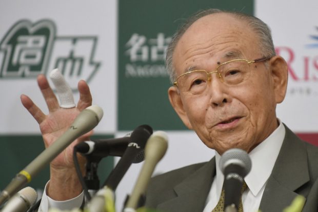 In this file photo taken on October 10, 2014, Meijo University Professor Isamu Akasaki gestures as he answers questions during a press conference at Nagoya University in Nagoya, central Japan. - Japanese Nobel laureate Isamu Akasaki, who won the physics prize for pioneering energy-efficient LED lighting -- a weapon against global warming and poverty -- has died aged 92, his university said on April 2, 2021