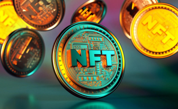An illustrated representation of NFTs with colorful digital artwork and a digital lock symbol.