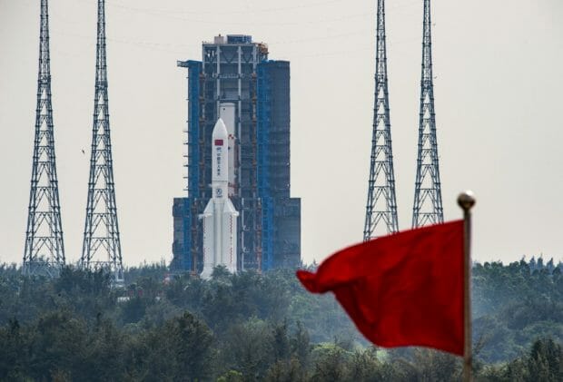 A Long March 5B rocket, which is expected to launch China's Mengtian science module to Tiangong space station, is seen before its planned launch from the Wenchang Space Launch Centre in southern China's Hainan Province on October 31, 2022. (Photo by CNS / AFP) / China OUT