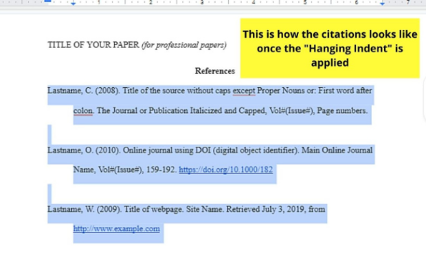 This represents how to put hanging indents on Google Docs.