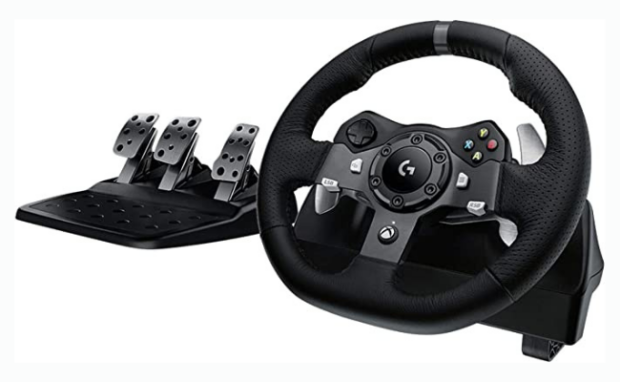 Image of the Logitech G920 Driving Force Racing Wheel and Floor Pedals, showcasing its realistic steering control and pedal setup.