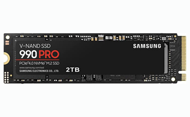 Image of the Samsung 990 Pro SSD 2TB, featuring its compact design and storage capacity.