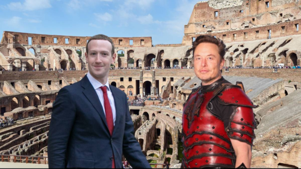 Image depicting the possibility of an intense battle between Elon Musk and Mark Zuckerberg in the iconic Roman Colosseum.