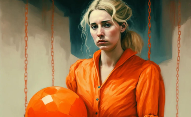 This is an illustration of Elizabeth Holmes in jail.