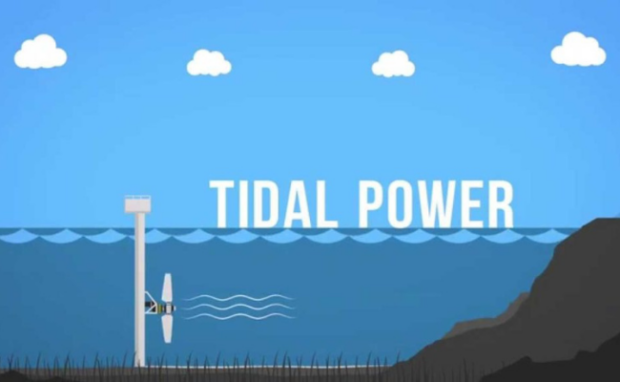 Diagram illustrating the working mechanism of tidal energy generation.