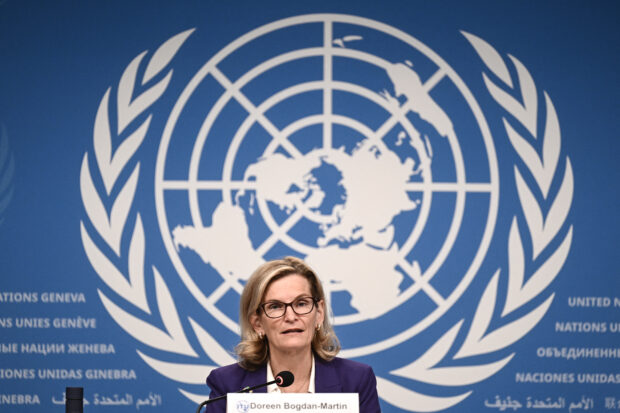 International Telecommunication Union (ITU) Secretary-General Doreen Bogdan-Martin addresses media during a press conference focused on the 2024 priorities at the United Nations Office in Geneva, on March 7, 2024. (AFP)