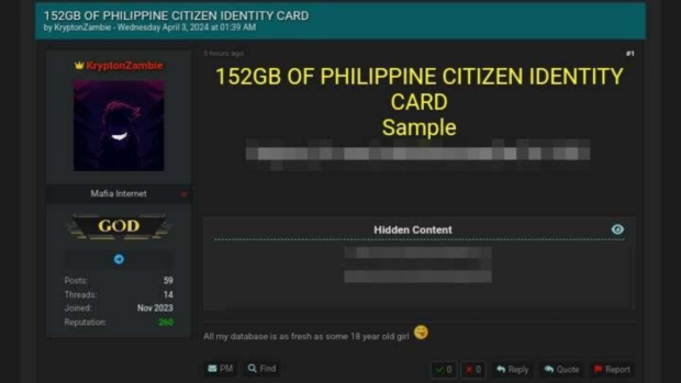 Cybersecurity group reports possible leak of PH IDs on 'dark web'