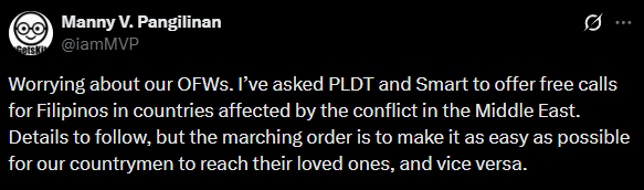 MVP offers free calls for Filipinos on SMART and PLDT in Middle East