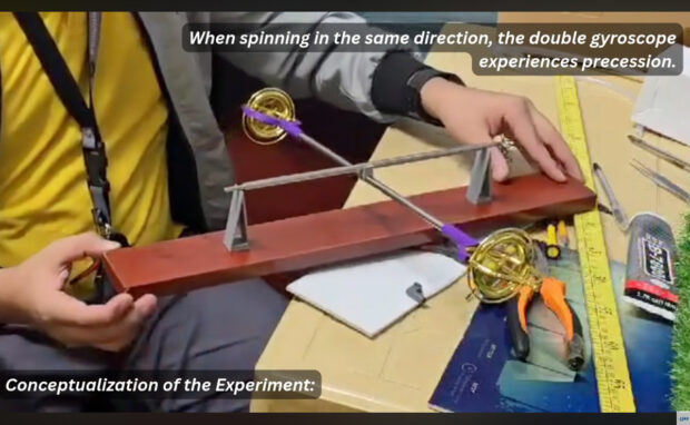 Christopher Tumamac, Ryan Andrew Doña, and Rose Ann Cezar of Rizal Technological University explain the concept behind their “Double Gyroscope” experiment in an introduction video released ahead of the 2025 Asian Try Zero-G competition. Screenshot from JAXA YouTube video